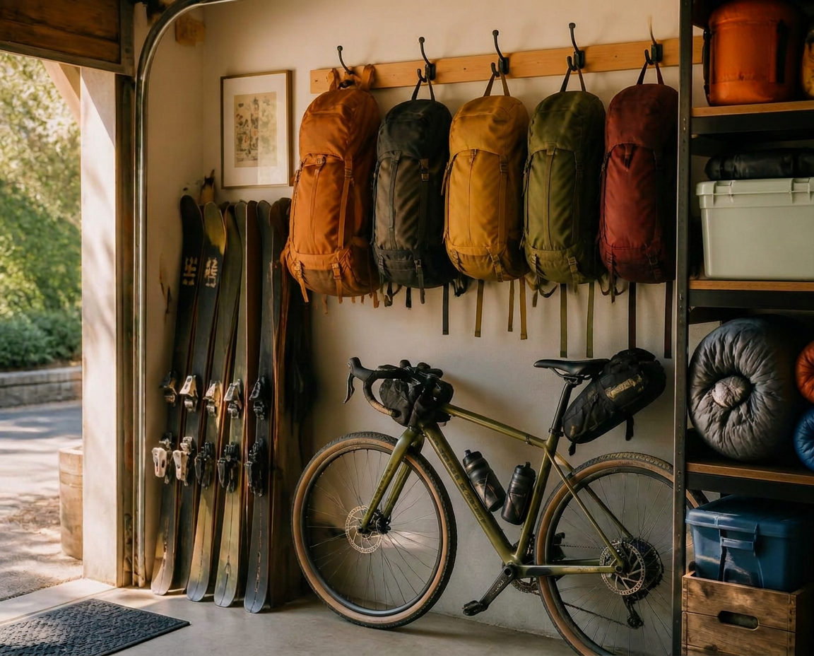 Backpacks, skis, a bicycle and other outdoor gear organized on garage shelving before being listed for sale